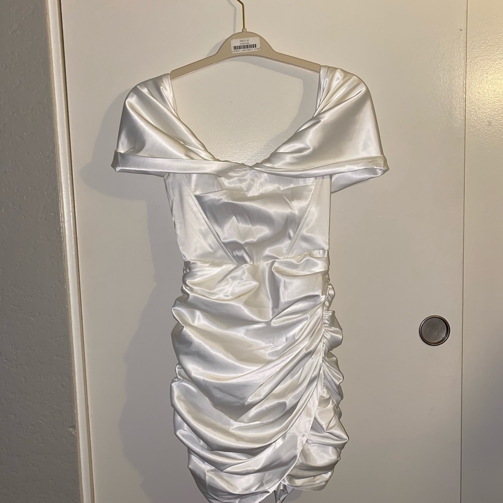 Ivory Off the Shoulder Ruched Mini Dress - Picture 3 of 4